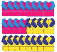 XIEJINJIA 24 Pack Kids Art Smock with Long Sleeve 3 Roomy Pockets Artist Children Aprons for Age 3-8 Cooking Painting Craft (Rose Red/Yellow)