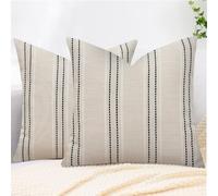 XIEJINJIA Boho Set of 2 Cushion Cover Striped Linen Decorative Farmhouse Garden Pillowcase Throw Pillow Covers for Couch Sofa Bed Living Room 40x40 cm 16x16 inch Black Beige