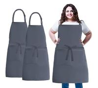 XIEJINJIA Plus Size 2 Pack Adjustable Bib Apron Water Resistant Canvas Extra Wide Long Ties Aprons with 2 Pockets Kitchen Cooking Gardening for Women Men(Grey)