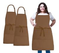 XIEJINJIA Plus Size 2 Pack Adjustable Bib Apron Water Resistant Canvas Extra Wide Long Ties Aprons with 2 Pockets Kitchen Cooking Gardening for Women Men (Brown)