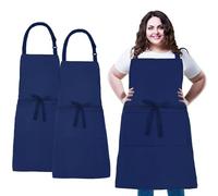 XIEJINJIA Plus Size 2 Pack Adjustable Bib Apron Water Resistant Canvas Extra Wide Long Ties Aprons with 2 Pockets Kitchen Cooking Gardening for Women Men (Navy Blue)