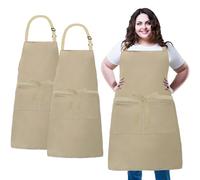 XIEJINJIA Plus Size 2 Pack Adjustable Bib Apron Water Resistant Canvas Extra Wide Long Ties Aprons with 2 Pockets Kitchen Cooking Gardening for Women Men (Beige)