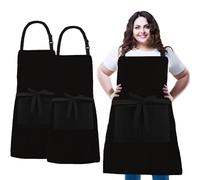 XIEJINJIA Plus Size 2 Pack Adjustable Bib Apron Water Resistant Canvas Extra Wide Long Ties Aprons with 2 Pockets Kitchen Cooking Gardening for Women Men (Black)