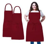 XIEJINJIA Plus Size 2 Pack Adjustable Bib Apron Water Resistant Canvas Extra Wide Long Ties Aprons with 2 Pockets Kitchen Cooking Gardening for Women Men (Wine Red)