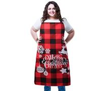 XIEJINJIA Plus Size Water Resistant Canvas Christmas Apron Red & Black Plaid with Snowflake Reindeer Aprons Adjustable Extra Wide Long Ties with 2 Pockets Kitchen Cooking Baking for Women Men