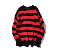 XIELH Men's Autumn/Winter Black and Red Striped Sweater Loose Color Matching Long Hole Men's Pullover Couple Sweater, Red, L