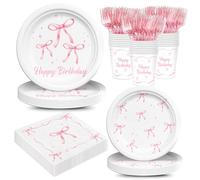 XIENBLOC 120pcs Pink Bow Party Supplies Paper Plates Napkins Bow Tableware Set Disposable Paper Cups Pink Forks Birthday Party Supplies for Girl Bachelorette Bridal Engagement Serves 24 Guests