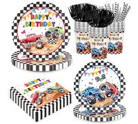 XIENBLOC 144pcs Monster Truck Plates Napkins Birthday Party Supplies Disposable Paper Cups and Straws Monster Truck Party Decorations Tableware Set for Kids Boys Birthday Decor 24 Guests