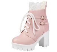XIEPP Women's Gothic Lace Ankle Boots with Double Buckles, Block Heel Platform Combat Boots for Cosplay & Daily Wear