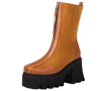 XIEPP Women's Platform Combat Boots, Front Zipper Square Toe Ankle Boots with Chunky Heel