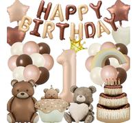Xietaea 34 Count 1st Birthday Girl Boy Balloon Set - Bear, Star, Foil, Aluminium Plastic, Brown, Unisex-Kids, Children, 21 Pieces, 12 inch, 18 inch, Birthday, Baby Shower
