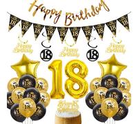Xietaea Decoration 18th Birthday Boys Girls Black Gold Balloons Happy Birthday Garland Cake Decoration, XXL Number Balloon Hanging Spirals and Bunting for 18 Years Birthday Decoration