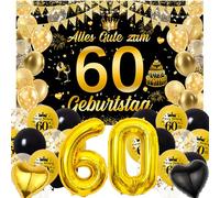 Xietaea Decoration 60th Birthday Man Woman - Black Gold 60th Birthday Decoration Banner Balloons, Giant Number Balloon and Background for 60th Birthday Party Decoration Women Men