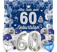 Xietaea Decoration 60th Birthday Man Woman - Blue Silver 60th Birthday Decoration Banner Balloons, Giant Number Balloon and Background for 60th Birthday Party Decoration Women Men
