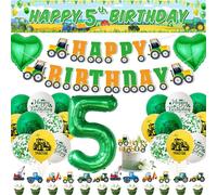 Xietaea Tractor Birthday Decoration 5 Years Boy - 5th Birthday Decoration Balloons Happy Birthday Garland and Car Cake Decoration, Farm Tractor Fabric Banner for Children's Birthday Decoration