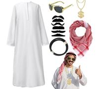 XIEXIESHER Sheikh Costume Men's Arabic Sheikh Arabian Costume Arabic White Robe with Headscarf, Necklaces, Sunglasses, 6 Beard Pieces and a Headband for Party, Cosplay