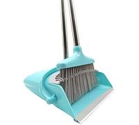 Xifando Extendable Long Handle Broom and Dustpan Set, Stainless Lightweight Upright Standing Broom and Dustpan Combo for Kitchen Lobby Office Living Room Household Indoor or Outside (Light Blue)