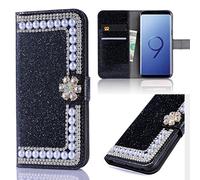 Xifanzi Galaxy S9 Glitzer Hülle, Glänzende Glitzer Bling 3D Perle Blumen Strass Diamant Hülle Flip Cover Magnetclip Design Tasche Folio mit Silikon Bumper Handyhülle mit Kartenfächern - Schwarz