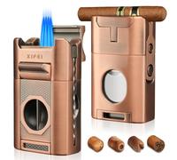 XIFEI 6-in-1 Desktop Lighter, 4 Jet Flame Torch with Straight & V-Cut Cutter, Dual Cigar Punch, Cigar Draw Enhancer, Holder, Refillable Butane Lighter with Gift Box (Bronze)