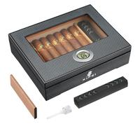 XIFEI Cigar Humidor, Glass Top Carbon Fiber Texture top Inlay Hygrometer,Including Cigar humidifier, Acrylic Cigar Stand,Cigar Ashtray and Humidor Solution, Holds 25-60 Cigars (9IN*7.5 * 2.8)