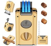 XIFEI Cigar Lighter, 5-in-1 Multifunctional Torch Lighter with Cigar Cutter, Built-in Cigar Punch, Cigar Holder, Cigar Draw Enhancer, Refillable Triple Jet Flame Windproof Smoking Lighters (Gold)