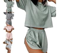 Xifyjus Women 2-Piece Shorts Split Loungewear Pyjamas Set Short Sleeve Sleepwear Soft Nightwear Striped Printed Crewneck Drop Shoulder Tee and Side Split Shorts Pajama Set(Green,L)