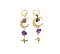 XIGAWAY Amethyst Chip Drop Earrings for Women - Vintage Moon Star Charm Dangle Earrings for Bohemian Jewelry Lovers - Retro Copper Romantic Gift (728)