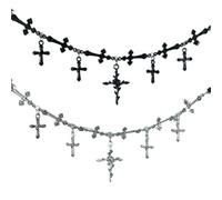 XIGAWAY Geometric Cross Necklace for Women, Double Layer Heart Pendant Black Silver Gothic Collarbone Necklace, Adjustable 45+5cm Chain with Lobster Clasp (6095)