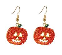 XIGAWAY Halloween Pumpkin Earrings, Smiling Face Stud Earrings with Rhinestones, Cute Cartoon Dangle Earrings for Women (Orange)