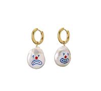 XIGAWAY Handmade Clown Face Real Natural Pearls Asymmetric 18K Gold Hoop Drop Earrings