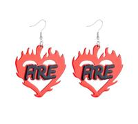 XIGAWAY Hollow Out Flame Earrings for Women, Red Acrylic Irregular Heart with Letter Charm Dangle Earrings, Unique Printed Statement Jewelry