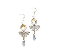 XIGAWAY Quartz Crystal Earrings, Geometric Moon & Moth Drop Earrings for Women, Copper Boho Celestial Dangle Earrings