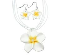 XIGAWAY Soft Clay Frangipani Flower Necklace and Earrings Set for Women, Crystal Embellished Hawaiian Floral Jewelry in Red, Blue, Purple, White, Pink, and Rose (purple)