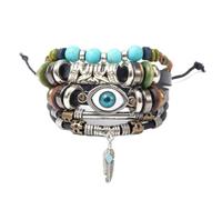 XIGAWAY Turquoise Bead Leather Bracelet, Handwoven Adjustable Men's Braided Cuff with Gemstone Beads, Boho Unisex Wristband for Women, 18cm Travel Gift