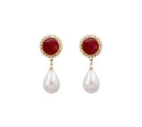 XIGAWAY Vintage Hong Kong Style Oval Pearl Earrings for Women, Red White Dangle, 3.6x1.5cm, 925 Silver Posts, Office Chic Jewelry Gift (red)