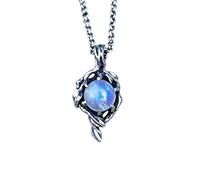XIGAWAY Vintage Rainbow Moonstone-Style Flame Teardrop Pendant Necklace for Women, Silver Alloy Wave Chain, 46+7cm Bohemian Jewelry Gift