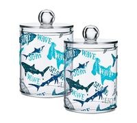 xigua 2 Pack Blue & White Shark Apothecary Jars with Lid, Qtip Holder Storage Jars for Cotton Swab, Cotton Round Pads, Clear Plastic Canisters for Bathroom Vanity Organization (10 Oz)