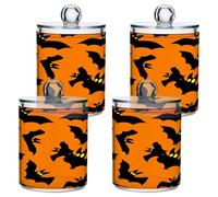 xigua 4PCS Cotton Buds Holder Dispenser for Cotton Ball, Swab, Round Pads, Floss -Clear Plastic Apothecary Jar Set Bathroom Canister Storage Organization-Halloween Bats333