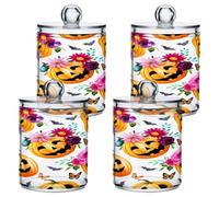 xigua 4PCS Cotton Buds Holder Dispenser for Cotton Ball, Swab, Round Pads, Floss -Clear Plastic Apothecary Jar Set Bathroom Canister Storage Organization-Halloween Fun Pumpkin507