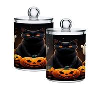 xigua 4PCS Cotton Buds Holder Dispenser for Cotton Ball, Swab, Round Pads, Floss -Clear Plastic Apothecary Jar Set Bathroom Canister Storage Organization-Halloween Black Cat348