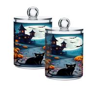 xigua 4PCS Cotton Buds Holder Dispenser for Cotton Ball, Swab, Round Pads, Floss -Clear Plastic Apothecary Jar Set Bathroom Canister Storage Organization-Halloween Cat414