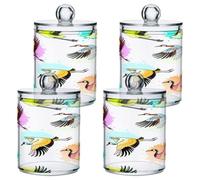 xigua 4PCS Cotton Buds Holder Dispenser for Cotton Ball, Swab, Round Pads, Floss -Clear Plastic Apothecary Jar Set Bathroom Canister Storage Organization-Colorful Red Crowned Crane144