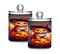 xigua 4PCS Cotton Buds Holder Dispenser for Cotton Ball, Swab, Round Pads, Floss -Clear Plastic Apothecary Jar Set Bathroom Canister Storage Organization-Halloween Cat402