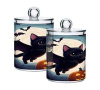 xigua 4PCS Cotton Buds Holder Dispenser for Cotton Ball, Swab, Round Pads, Floss -Clear Plastic Apothecary Jar Set Bathroom Canister Storage Organization-Halloween Cat390