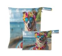xigua A Dog Surfing The Beach Wet Bag Nappy Bag,2 PCS Wet Dry Bag, Reusable Produce Bags,Waterproof Washable Hanging Large Two Zippered Pockets for Baby Diaper Travel Beach Pool Daycare Gym Bag314