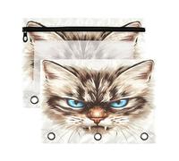 xigua Angry Cat Face（1） Binder Pencil Pouch with Zipper Enforced Hole 3 Ring Pencil Case Fits Standard 3-Ring Binders-2 Pack