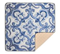xigua Baby Play Mat - 127 X 127 cm Foldable Waterproof Baby Play Mats for Floor, Blue Vintage Tiles Soft Foam Crawling Mat for Babies and Toddlers Infants, Machine Washable