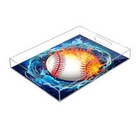 xigua Baseball on Fire Serving Tray, Decorative Ottoman Trays with Handles for Breakfast, Coffee Table, Dining Room, Party - 16" x 12"