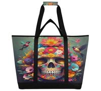 xigua Beautiful Flower Skull and Bird Insulated Reusable Grocery Bags, Large Heavy Duty Shopping Tote, Foldable Cooler Bag with Handles for Fruit Vegetable Clothes Toys and Picnic52