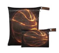 xigua Beautiful Golden Basketball Wet Bag Nappy Bag,2 PCS Wet Dry Bag, Reusable Produce Bags,Waterproof Washable Hanging Large Two Zippered Pockets for Baby Diaper Travel Beach Pool Daycare Gym Bag372